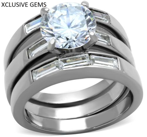 SOLID STAINLESS STEEL SIMULATED DIAMOND WEDDING RING SET